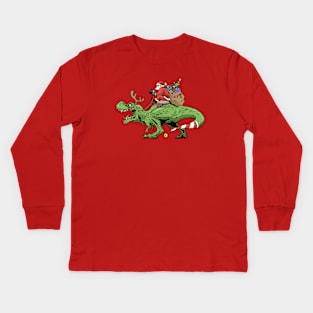 Santa Claus Riding a T-Rex Kids Long Sleeve T-Shirt